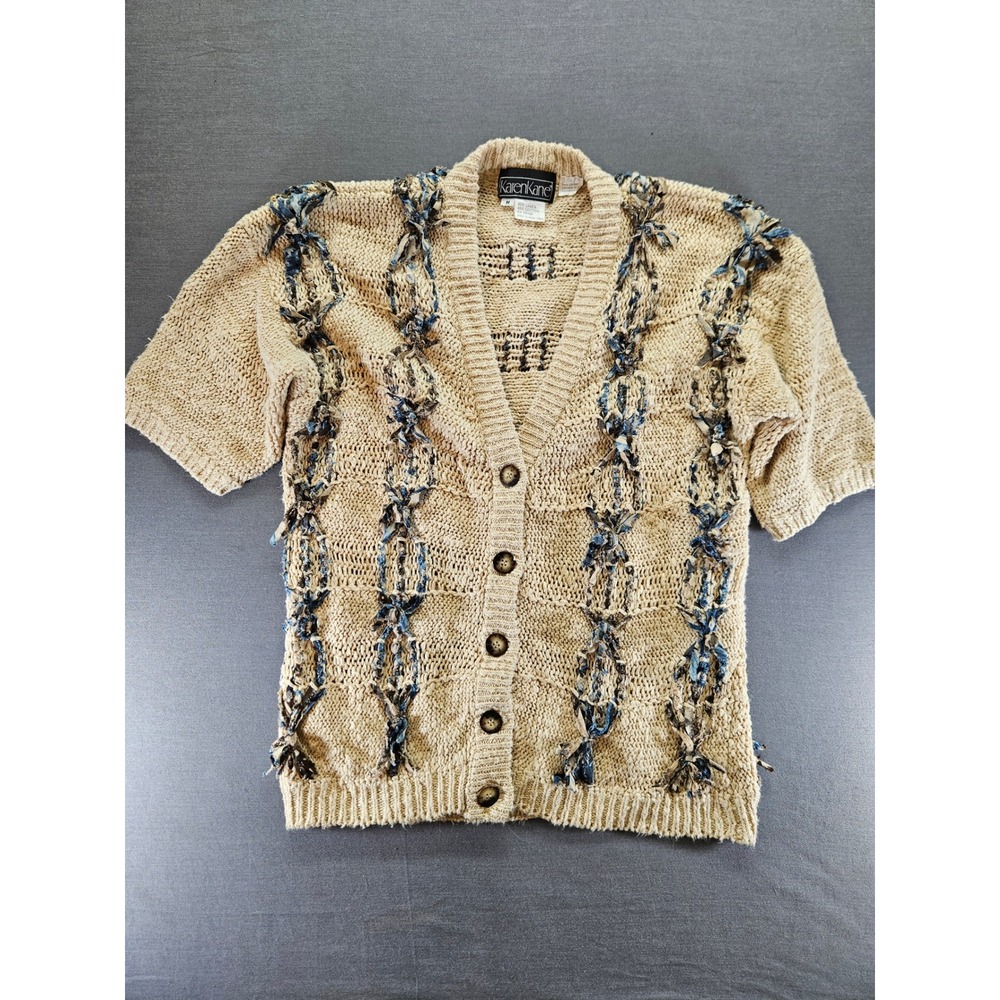 Karen Kane Vintage Short Sleeve Cardigan Linen Cotton Knit Beige Blue Ribbon M